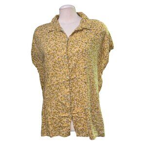 Old Navy Yellow Floral Button-Up Blouse Sz XL Lightweight Linen Top Womens